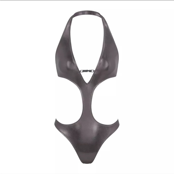 SKIMS METALLIC SWIM HALTER MONOKINI |STYLE: OP-CKY-2807 | COLOR:CARBON | NEW/NET - Picture 1 of 11
